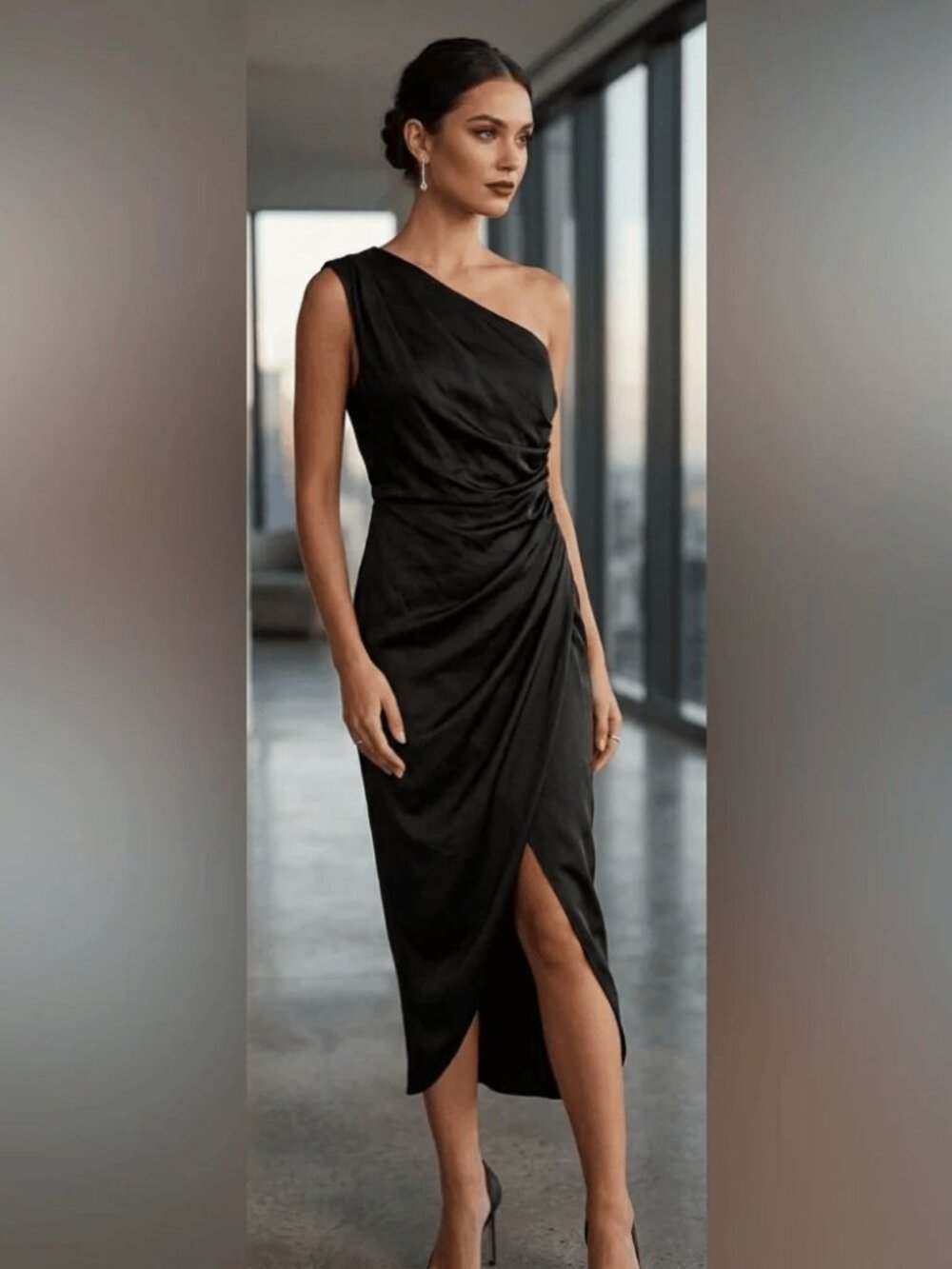 Elegant One-Shoulder Black Dress sz L - NWT